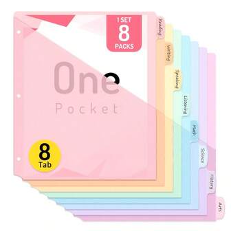 8 Pack Dividers With Pockets,3 Ring Binder With Pockets, Subject Dividers With Pockets, Premium Quality Notebook Dividers With Pockets, Vibrant Color