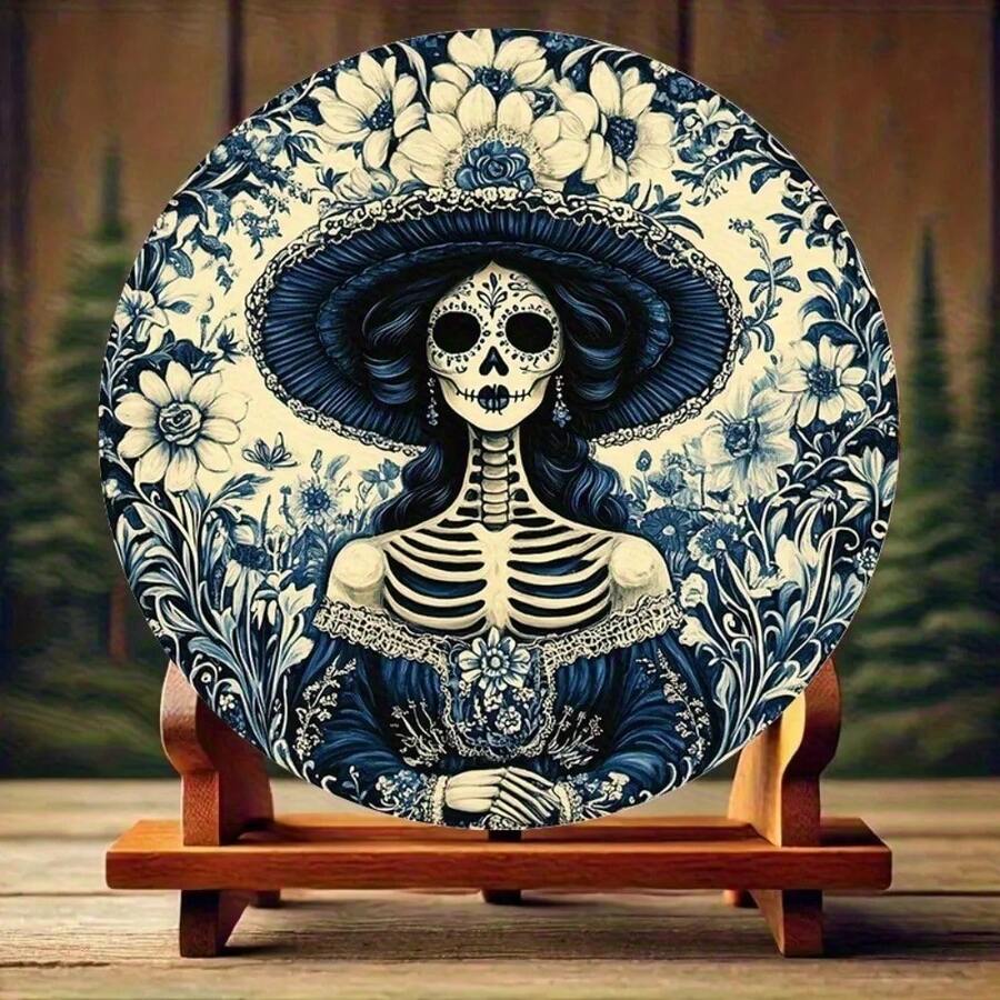 La Catrina 2D Flat Round Aluminum Wall Art - Elegant Dress Floral Skeleton, Day Of The Dead Theme, Home Office Decor - 彩色 - 查看 1