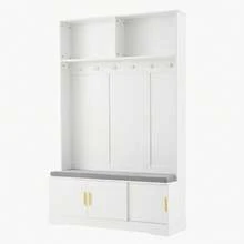 Zestaw szaf z ławką i półką na buty, wielofunkcyjna ławka ze schowkiem z 3 wieszakami i otwartą przestrzenią do przechowywania, prostokątna szafa z półkami do przedpokoju, kolor biały, wys. 190/szer. 120/gł. 40 - Biały + Płyta wiórowa - Zobacz 11