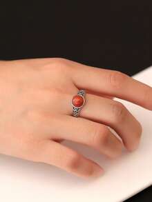 Vintage 925 Silver Ring Natural Red Agate 8mm Round Cut Gemstone Adjustable Bands Boho Jewelry Energy Healing Gifts