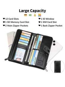 MIYIN RFID Blocking Bifold Large Capacity Women's Wallet Retro Zipper Soft Leather With Multiple Card Slots & ID Window For Credit Card/ ID Card/ / Cash/Cell Phone Quilted Detail Card Holder Clutch Bag For Lady Robber For Men Wallet Purse Wallet Long Wallet