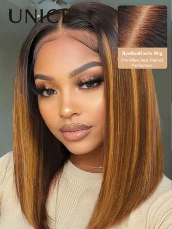 UNice 7"X5" Lace Front Wig With Piano Highlights, Dark Roots, No Glue Needed, 100% Human Hair, Pre-Cut, Pre-Bleached, Pre-Plucked, Transparent Lace With Drawstring, Suitable For Women
