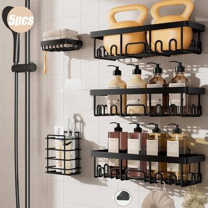 5-Piece Rust-Proof Waterproof Storage Rack, Adhesive Wall-Mounted Shower Caddy, High Load Capacity, Spacious Storage