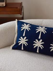 1pc Blue Embroidered Coconut Tree Decorative Throw Pillow Cover, Suitable For Indoor Decor, All Season, Pillow Insert Not Included