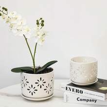 KF-Plant AccessoriesOrchid Pot With Holes, 5+6Inch Ceramic Plant Pots With Drainage Holes And Tray, Promoting Air Circulation And Drainage, Indoor/Outdoor White Flower Potsplant Garden - 白色-1 - 查看 2