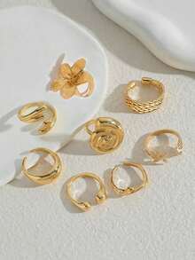 8pcs/Set Vintage Smooth Plain Rings, Bohemian Starfish Personalized Rings, Fashion Rings - Gold - View 2