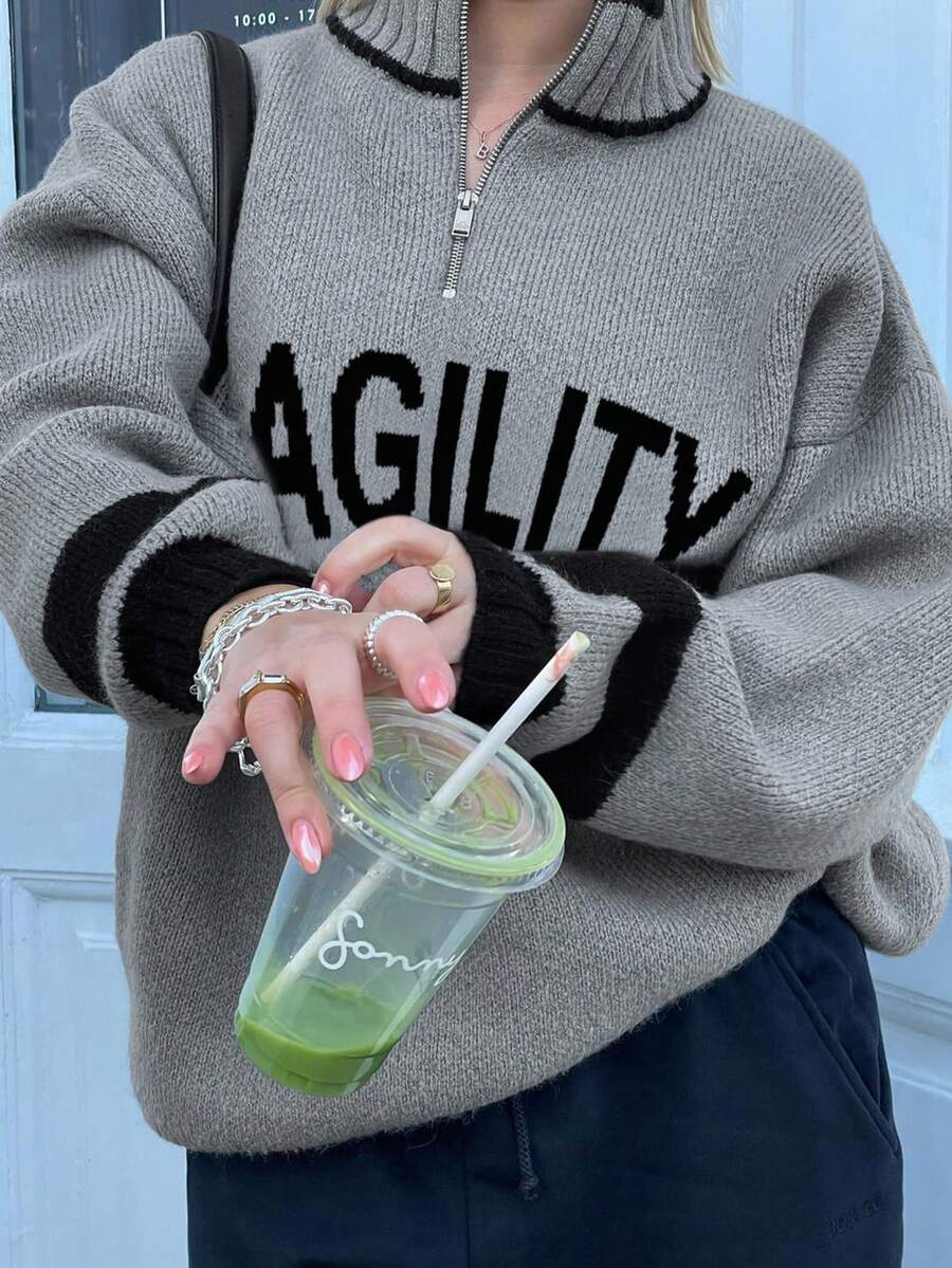 Modny damski, sportowy, casualowy sweter na jesień i zimę w stylu retro z żakardowym wzorem, zapięcie na zamek błyskawiczny z wysokim kołnierzem, długi sweter z dzianiny