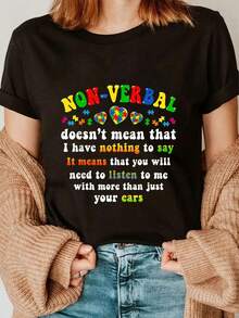 Camiseta Casual de Moda Tengo Autismo No Verbal con Pieza de Rompecabezas - Camiseta Deportiva Casual - Negro - Ver 1