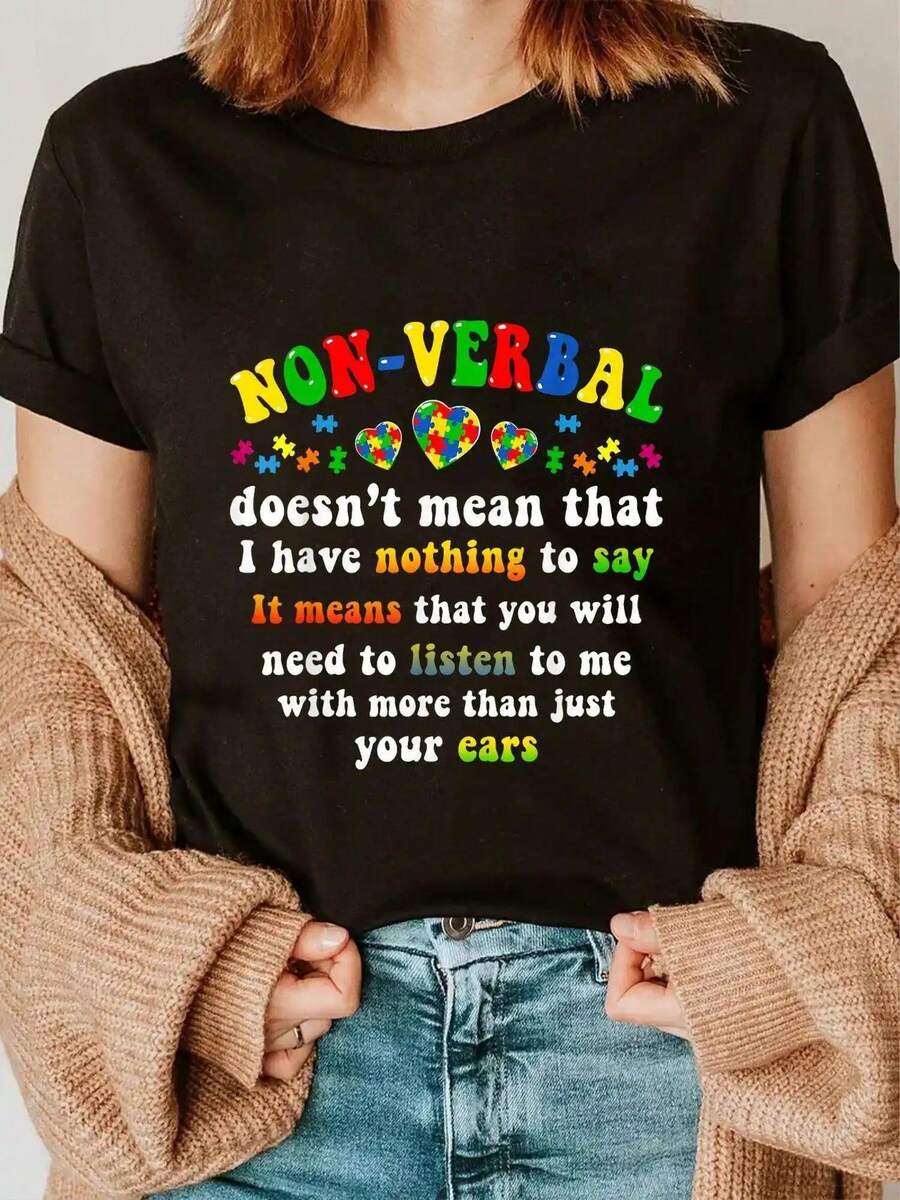 Camiseta Casual de Moda Tengo Autismo No Verbal con Pieza de Rompecabezas - Camiseta Deportiva Casual - Negro - Ver 1
