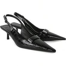 Women's Pointed Toe Slingback Heels Metal Buckle Ankle Strap Kitten Low Heel Pumps 2 Inch Stylish Retro Women Shoes-20256688 - Cá sấu đen - Xem 1
