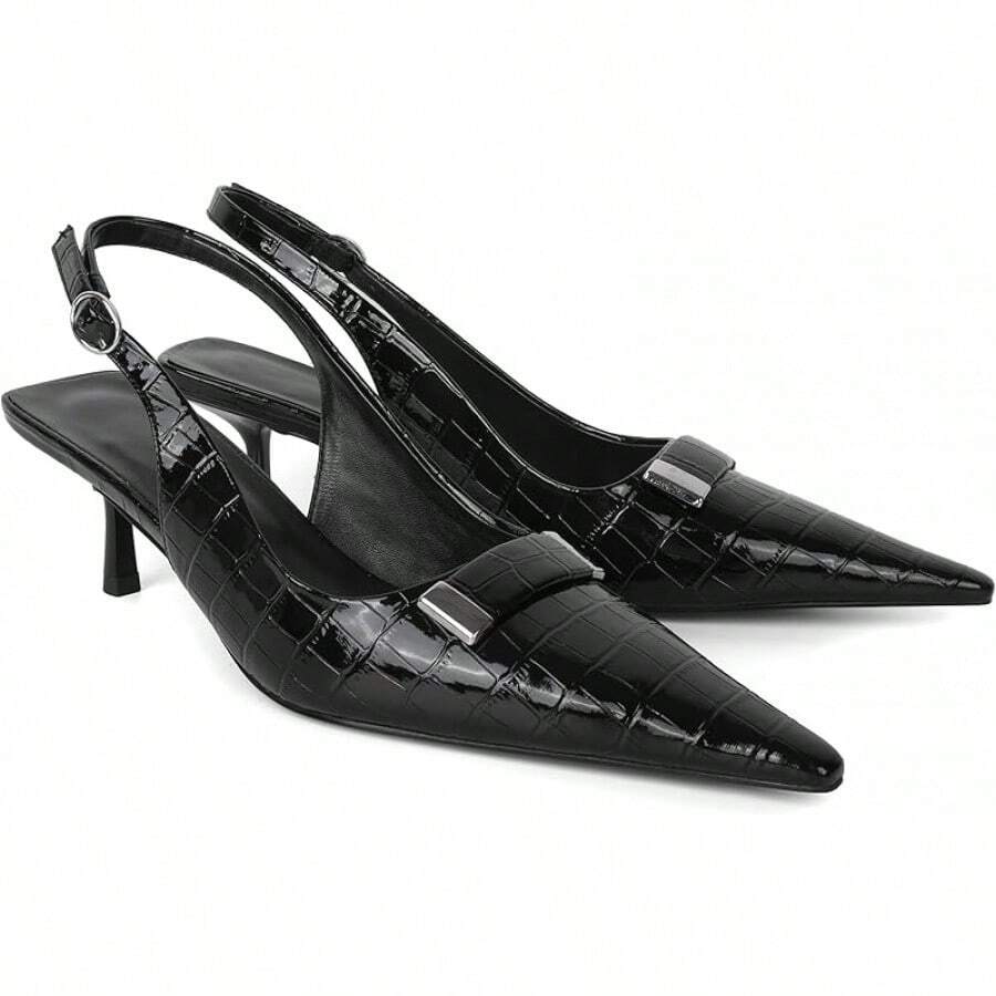 Women's Pointed Toe Slingback Heels Metal Buckle Ankle Strap Kitten Low Heel Pumps 2 Inch Stylish Retro Women Shoes-20256688 - Cá sấu đen - Xem 1