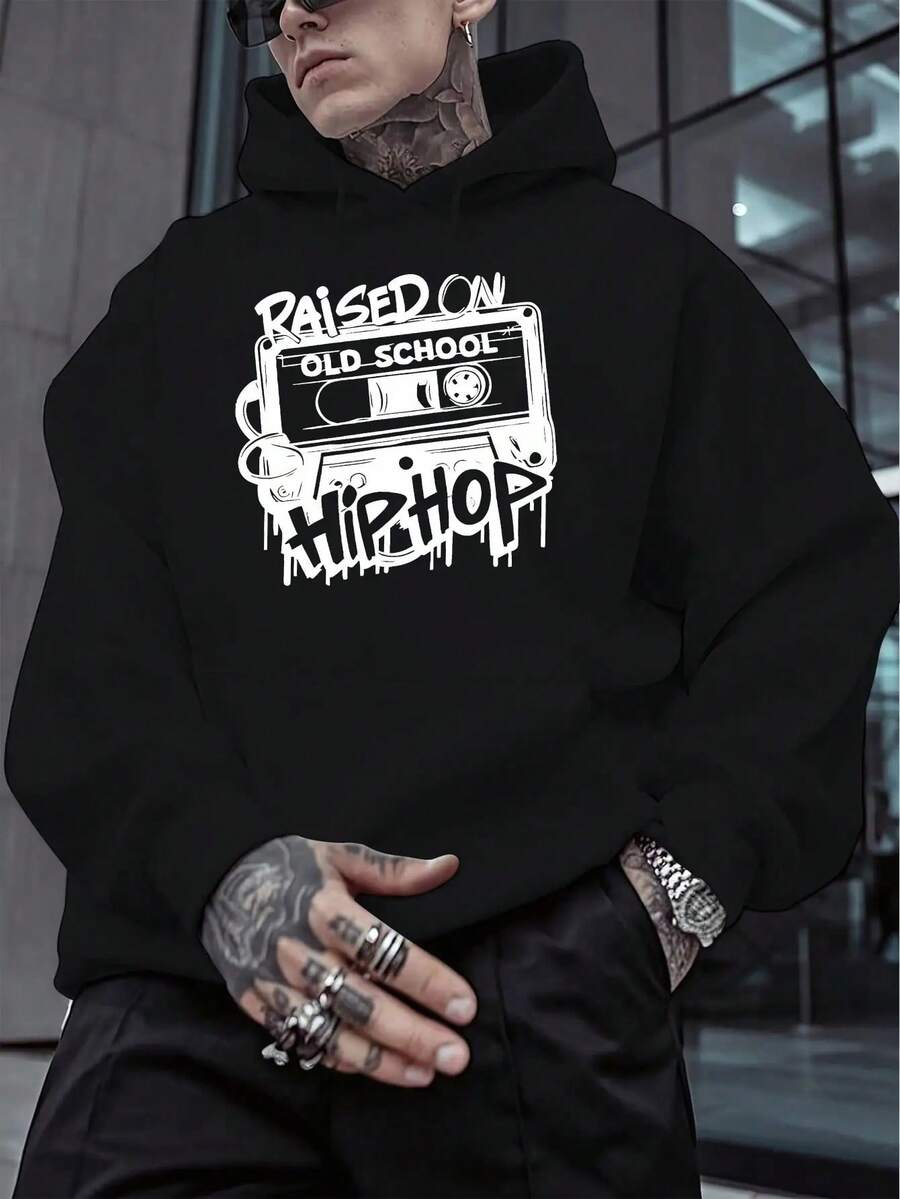 Sudadera con capucha de textura de terciopelo para hombres de-hop de la vieja escuela - Sudadera con estampado gráfico retro amarillo vibrante, ajuste regular, manga larga, ropa casual de invierno, regalo de moda americana para hombres, sudadera vintage - Negro - Ver 1