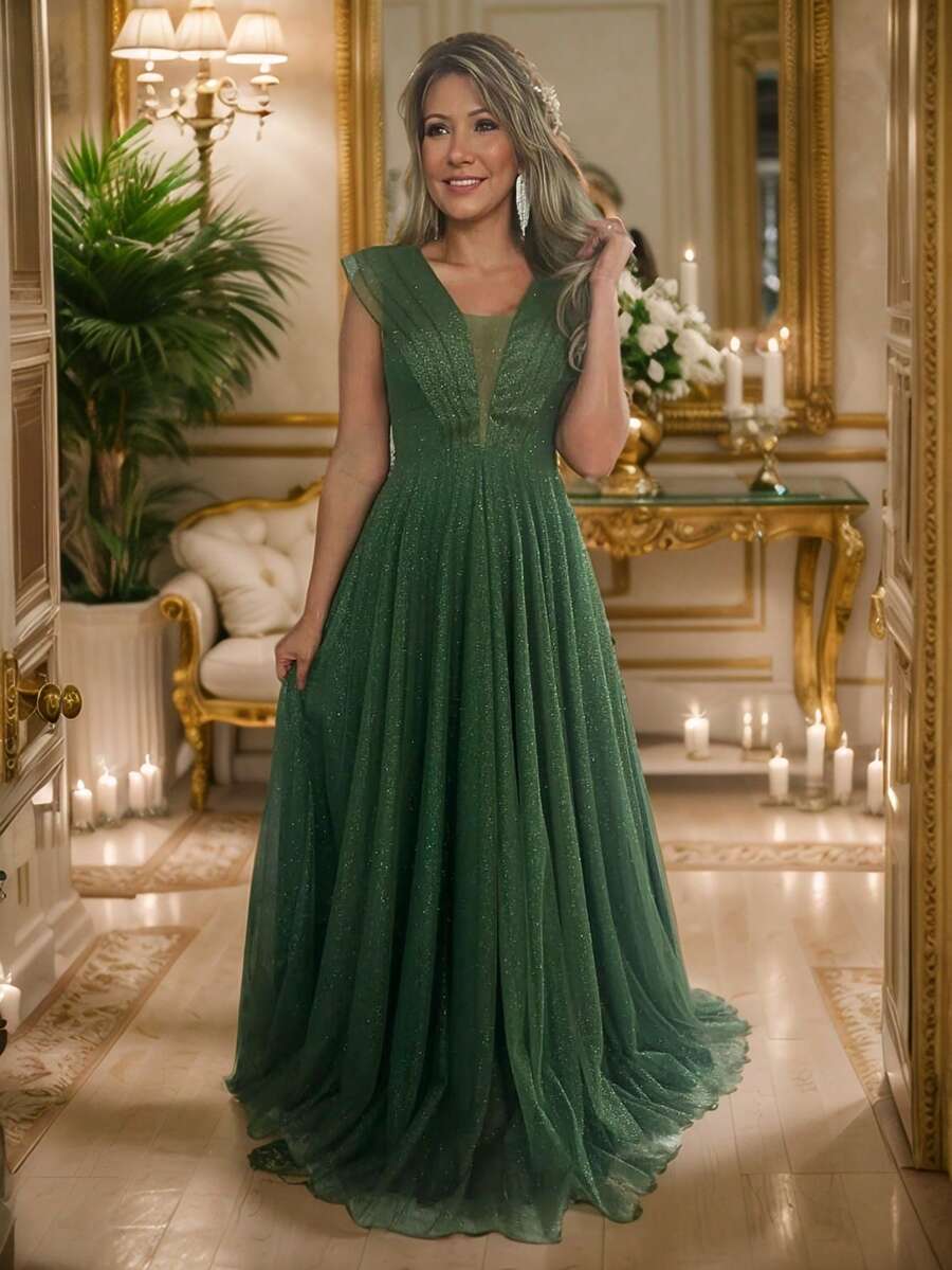 Grife Velasco Bridesmaid Dress Long Party Graduation Ruffle Shiny Elegant Sleeves - Olive Green - View 1