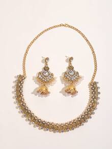 3pcs Vintage Bohemian Palace Exotic Pearl Beaded Tassel Rhinestone Earrings & Necklace Set
