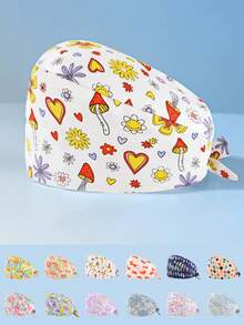 1 peça de boné de trabalho/enfermeira feminino de poliéster com estampa floral e de coração, gola em V, estampa digital, antibacteriano e à prova de poeira, adequado para médicos, enfermeiros, salões de beleza, clínicas veterinárias, empregadas domésticas e trabalhadores de limpeza - Multicolorido - Ver 6