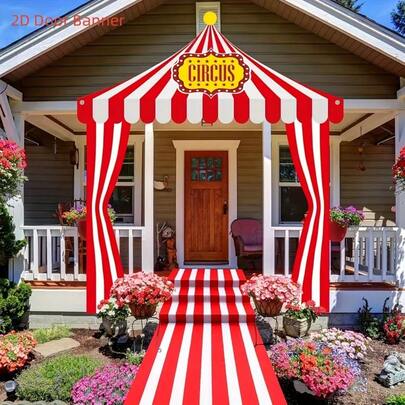 4pcs (2D Door Valance) Carnival Entrance Party Decor Circus Tent Decor Red & White Striped Canopy Hanging Banner Pulley Circus Theme Birthday Party Decor Circus Flag Decor, Durable Polyester, Suitable For Birthday Backdrop, Photo Prop, Birthday Banner, Door Decor, Garden Party, Backyard Decor, Amusement Park Decor, Performance Decor, Stage Backdrop, Birthday Accessories, Personalized Gift, Anniversary, Gender Reveal Party