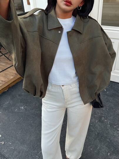 Seelio Autumn/Winter New Vintage Style Women Casual Versatile Suede-Like Green Jacket