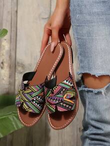 New Colorful Women Flat Sandals, Tropical Print Bohemian PU Leather Quilted Flat Sandals, Comfortable Breathable For Beach, Spring/Summer