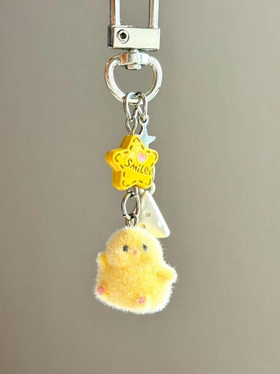 1pc Women's Flocked Cartoon Chick Keychain, Mini Star Cheese Pendant Accessory, Cute Earphone Bag Key Chain - Yellow - View 1