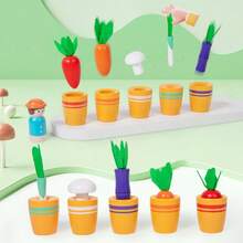 Cute Flower Pot Matching Planting Cup Color Matching Game, Vegetable Size Matching Cognitive Thinking Training Educational Wooden Toy