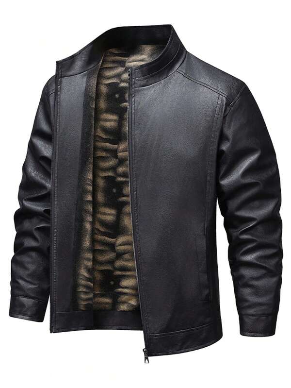 Men's Thin Fleece Leather Jacket, Windproof Casual Cool Outerwear, Autumn/Winter