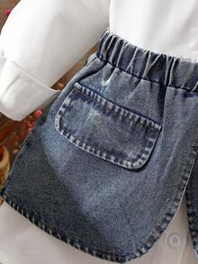 مجموعة فستان قميص أكمام طويلة وتنورة ميني جينز للبنات الرضع، طراز راقي وأنيق