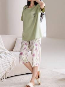 [AICJ Sleepwear]2pcs/Set Women & Girls Casual Simple Cute Cartoon Cat & Letter Print Pink Top, Capri Pants Shorts Or Pajama Pants, Spring/Summer Home Party Vacation Sleepwear Loungewear - Green - View 4