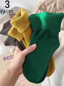 1/3/4/8/16 Pairs Women's Solid Color Warm Thermal Lined Mid-Calf Socks, Winter