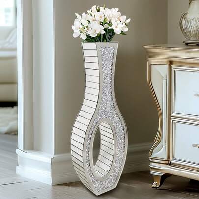 UNHO Elegant Glam Mirror Vase, Silver Glass Mirrored Vase Floor-Standing, 76.5cm High Bling Crystal Living Room Centerpiece For Home Luxury Decor, Won't Hold Water
