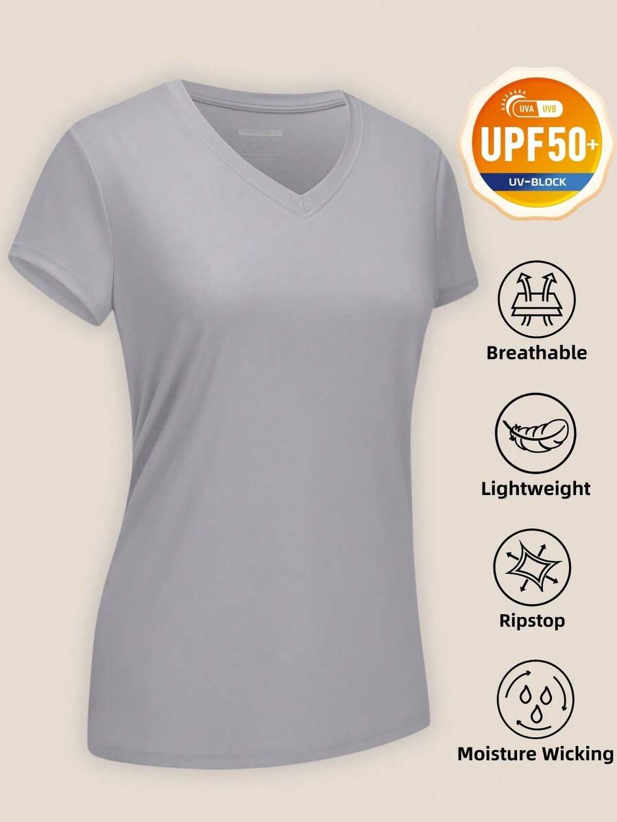 Women's Summer UPF50+ V-Neck Short Sleeve T-Shirts Sun UV Protection Tee Shirts Quick Dry Lightweight Casual Tops, Light Grey - Light Grey - View 1