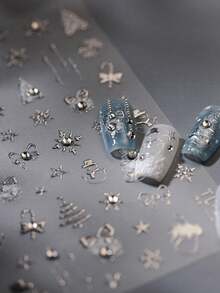 1 件奢华圣诞指甲贴纸 5D 烫金银色蝴蝶结雪人水钻粘性指甲贴纸 DIY 装饰贴花 - 銀色 - 查看 3