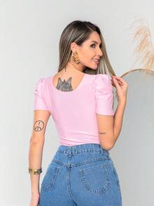 Women's Bodysuit Square Neckline Princess Sleeve Suplex Fabric Summer Fashion Style - 淺粉色 - 查看 4