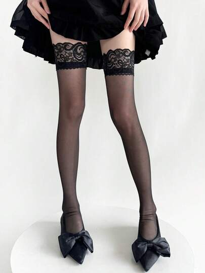 2 Pairs Fashionable Sexy Black And White Thigh High Fishnet Stockings For Women