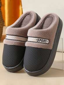 Pantuflas para hombres, pantuflas de pareja acolchadas y cálidas con parches de letras para otoño/invierno, con suela gruesa antideslizante