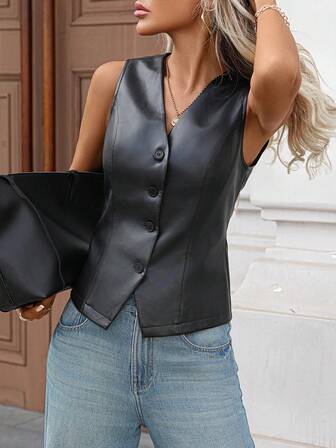 Gilet elegante e casual da donna in pelle, vita stretta, scollo a V, senza maniche, tinta unita, con bottoni anteriori e tasche con chiusura lampo