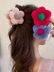 1 peça de acessório de cabelo com fecho coberto de tecido para meninas com lindas flores, presilha de cabelo para outono e inverno, acessórios de cabelo com garra para mulheres, para roupas de férias, presilhas de cabelo fofas com garra de pele, presilha de cabelo de pelúcia para inverno - multicolorido - Ver 7