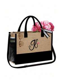 字母帆布手提袋套装，包含化妆包、洗漱包、钱包和个性化礼品袋，时尚休闲单肩包，适合婚礼、生日、海滩、度假、节日、上学等场合，是送给女性、妈妈、老师和朋友的绝佳礼物。 - 彩色 - 查看 13