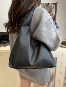 Women's Solid Color PU Leather Fashion Large Capacity Shoulder Bag For Daily Use - Black - View 4