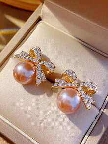 1 Pair Cute Faux Pearl Bow Floral Wreath Design Stud Earrings, Suitable For Girls, An Ideal Gift Choice - one-size - View 2