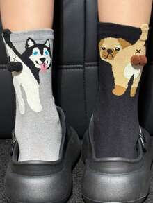 1/4 双卡通猫 3D 铃铛蛋女士袜子，四季中筒袜，可爱俏皮，采用四种动物图案：哈士奇、北京犬、柴犬、暹罗猫、卡通猫和狗铃铛蛋图案 - 彩色 - 查看 10