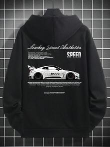 GRDR Men's Hoodie With Car Element Print, Kangaroo Pocket, Autumn/Winter New Street Fashion - Black - View 8