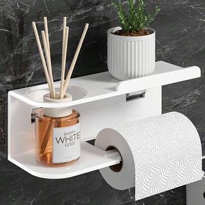 Support mural pour papier toilette avec étagère de rangement, installation facile, gain de place, convient pour la chambre, la cuisine, la salle de bain et les toilettes. Peut contenir du papier toilette ou des mouchoirs, peut également ranger des parfums, des téléphones, des savons et plus encore - une étagère, de multiples utilisations.
