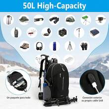 Mochila Senderismo, Mochilas Impermeable de 50L Gran Capacidad, Mochila de Camping para Hombre y Mujer, Mochilas con Múltiples Bolsillos para Montañismo, Escalada, Viaje al Aire Libre - Negro - Ver 6