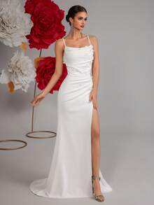 ADYCE High Waist Spaghetti Strap Long Prom Dress 3D Floral High Slit Backless Formal Gown Dress For Party, Prom, Banquet, Homecoming And Graduation - White - View 6