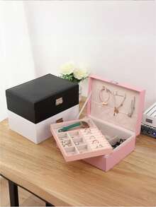 1pc Dual Layer Large Capacity Jewelry Box, Minimalist Leather Jewelry Storage Box, Portable Solid Color Rectangular Jewelry Organizer, Vanity Jewelry Box With Drawer, PU Leather Travel Jewelry Box, Convenient For Travel, Dual Layer Storage Box, Large Capacity For Earrings, Necklaces, Bracelets