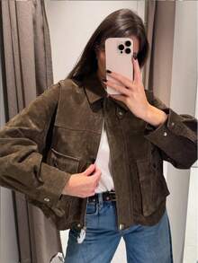 Women's Short Suede Aviator Jacket, Autumn/Winter Outerwear, Autumn, Women's Zipper Long Sleeve Top, Short Green Zipper Short Jacket, Winter - Khaki - View 5