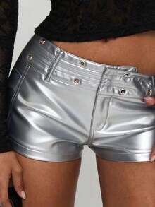 Women's Silver High Waist Eyelet Metal Decor Fashion PU Summer Elastic Tight Shorts, Suitable For Nightclub Parties, Daily Outfits, Concert Music Festival