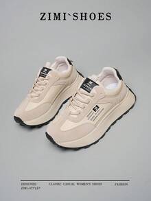 1 par de zapatillas casuales para mujer, con punta redonda, cordones y suela de cuero, adecuadas para todas las estaciones