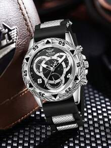 1pc Men's Silicone Watch Band, Casual Sports 3-Eye Digital Dial Quartz Watch, Suitable For Daily Wear Or As Holiday Gift For Friends - Black - View 2