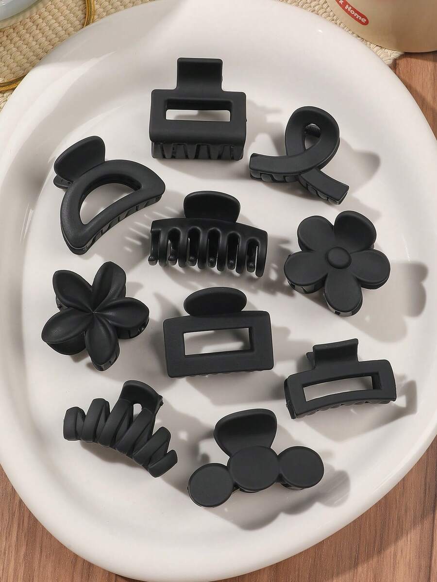 10个/套 哑光棕色纯色简约花朵波浪半圆方形交叉可爱小发夹 秋冬发夹 女士度假装扮发饰 女士优雅发饰 夏季